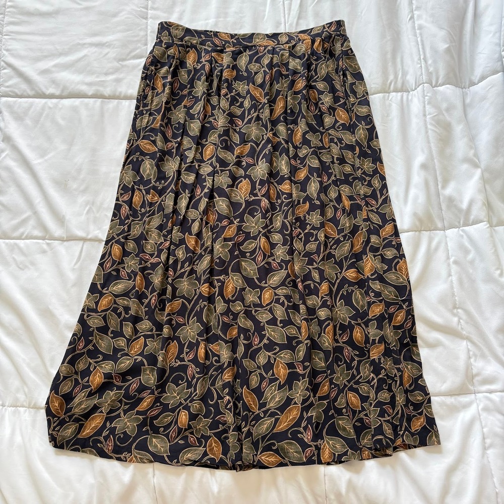 Vintage 90s Maxi Skirt Womens Large Leaf Brown Green Pockets Whimsigoth Hippie